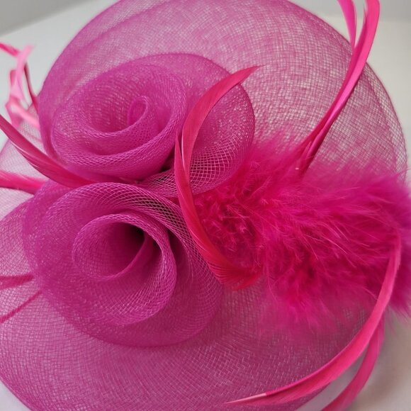 Pink Headband Fascinator with Pink Feathers and Pink Rosettes - Picture 14 of 14